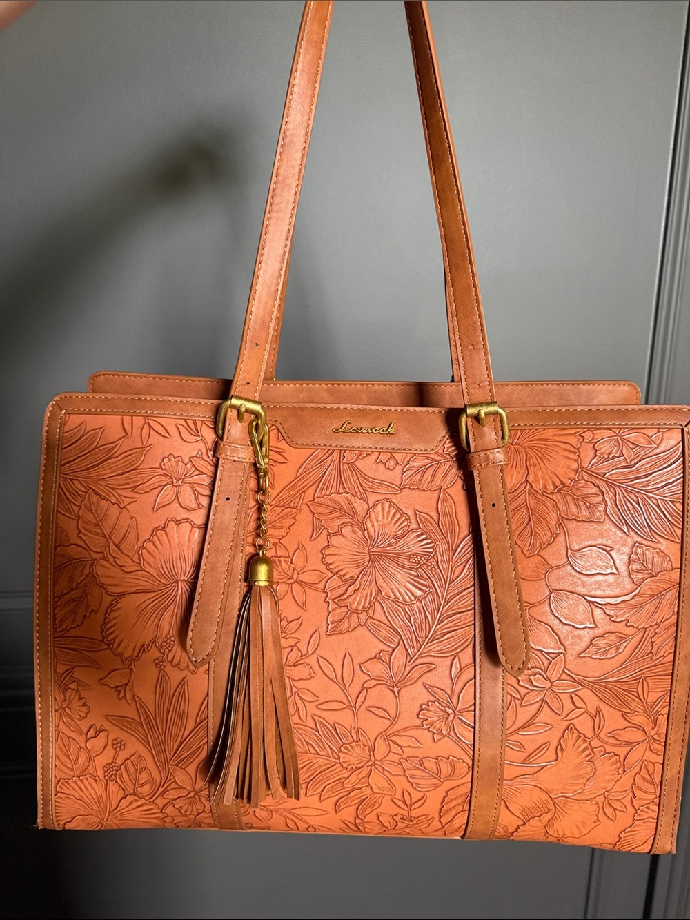 Lovevook Caramel Floral Embossed Leather Tote with Tassel